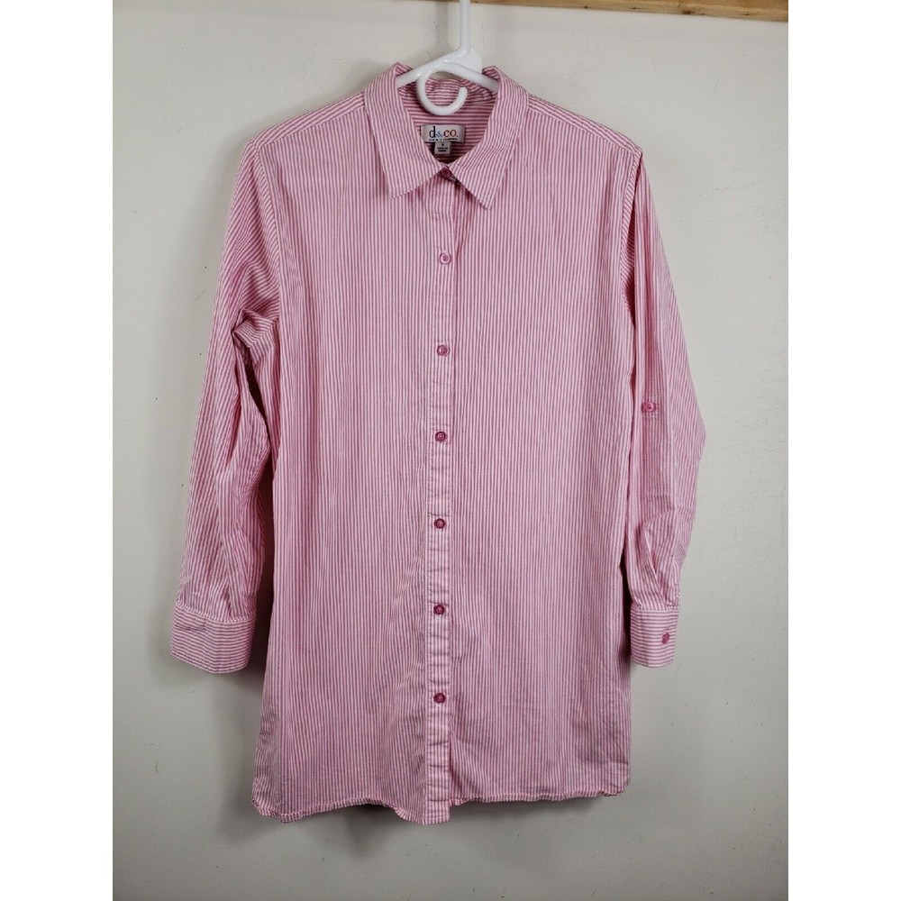 D&Co Women's sz small Pink White Shirt stripe pockets button up tunic